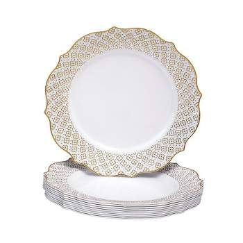 Silver Spoons Floral Embossed Plastic Plates for Party, Heavy Duty Disposable Dinner Set, White/Gold (10 PC), Harmony