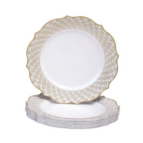 Disposable Plastic Plates White Gold Rim 7.5/10.25 Heavy Duty Dinner  Plates