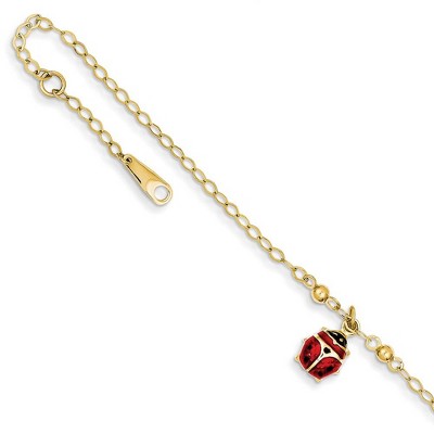 Black Bow Jewelry 14k Yellow Gold Enameled Ladybug Anklet, 9-10 Inch