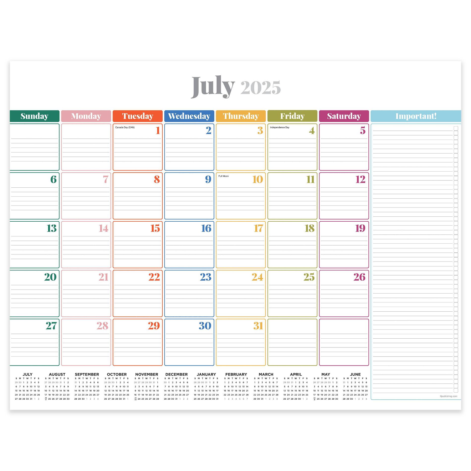 TF Publishing July 2025 - June 2026 Rainbow Blocks Large Desk Pad Monthly Blotter Calendar