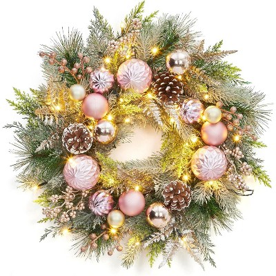 22 Inch Christmas Wreath for Front Door, Pre-lit Large Outdoor Pink Christmas Wreaths with 30 LED Lights, Ball Ornaments, for Fireplace Window Wall