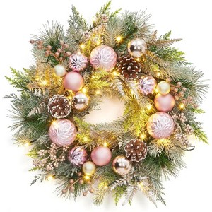 22 Inch Christmas Wreath for Front Door, Pre-lit Large Outdoor Pink Christmas Wreaths with 30 LED Lights, Ball Ornaments, for Fireplace Window Wall - 1 of 4