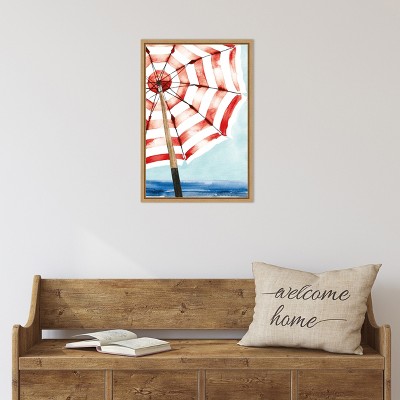 Red and White Striped Umbrella Beach Scene Canvas Art