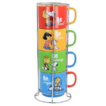 Gibson Peanuts Classic Gentle Reminders Collection 4 Piece Stoneware Stackable Mug Set with Metal Stand in Assorted Colors