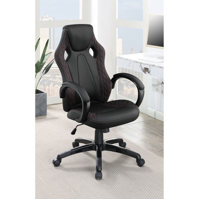 TiramisuBest Black Adjustable Home Office Desk Chair, Wood+Metal, Botanical Herringbone, Red Stitching, Padded Headrest, 5 - Wheel Base