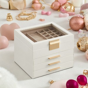 Glass Lid Jewelry Box, 4-Layer Organizer with 3 Drawers for Big and Small Jewelry, Modern Style, 8 x 9.1 x 6.5 Inches - 1 of 4