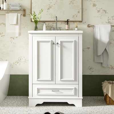 CSBDHome 24-Inch Bathroom Vanity with Ceramic Sink, Modern Freestanding Cabinet with Storage, Soft Close Doors & Silver Handles