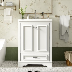 CSBDHome 24-Inch Bathroom Vanity with Ceramic Sink, Modern Freestanding Cabinet with Storage, Soft Close Doors & Silver Handles - 1 of 4