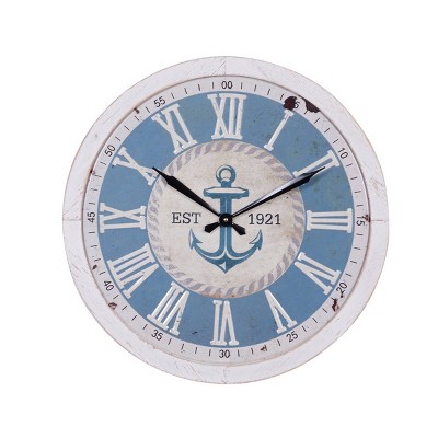 23.75" x 23.75" Large Round Anchor Wood Wall Clock Blue/White - Olivia & May