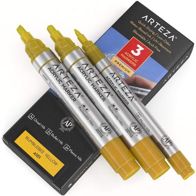 Arteza Acrylic Markers (A101 Bumblebee Yellow), 2 Big Barrel (chisel+bullet nib) + 1 Small Barrel, Single Color - 3 Pack