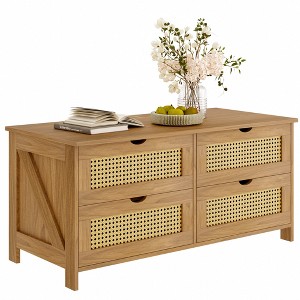 WOWLIVE Wood Coffee Table with 4 Drawers for Living Room, Central Table with Rattan Design - 1 of 4