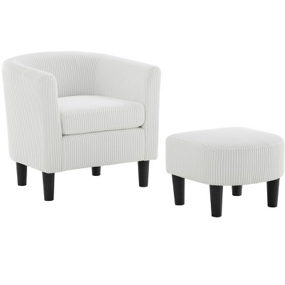 Ridstar White Upholstered Arm Chair Corduroy Single Sofa Chair with Ottoman Foot Rest Comfy Armchair for Living Room Bedroom and Office