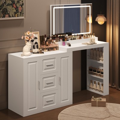 Makeup Vanity Desk Vanity Table Dressing Table with 3-Mode Lighted Mirror, Drawers, 2 Cabinets & Storage Rack, White - ModernLuxe
