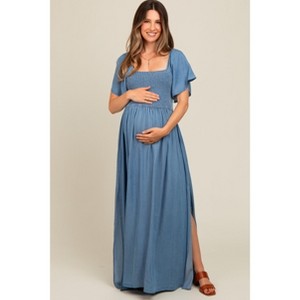 Pinkblush Light Blue Chambray Smocked Maternity Maxi Dress - 1 of 4