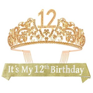 VeryMerryMakering 12th Birthday Princess Tiara and Glitter Sash Set Gift, Gold - 1 of 3