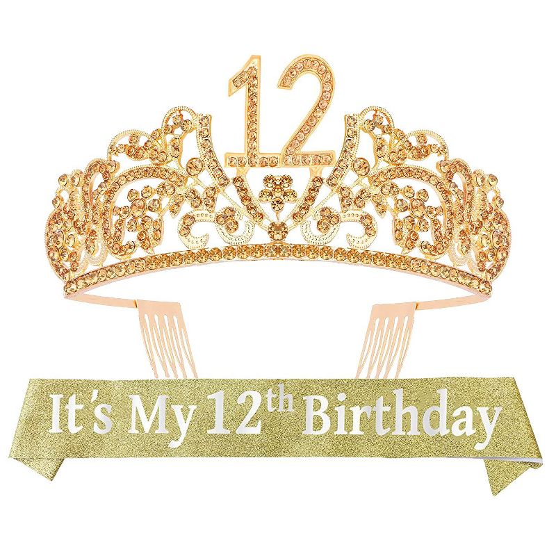 VeryMerryMakering 12th Birthday Princess Tiara and Glitter Sash Set Gift, Gold, 1 of 4