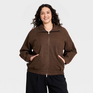 Women's Mock-Neck Full Zip Bomber Jacket - A New Day™ Brown Dot 3X