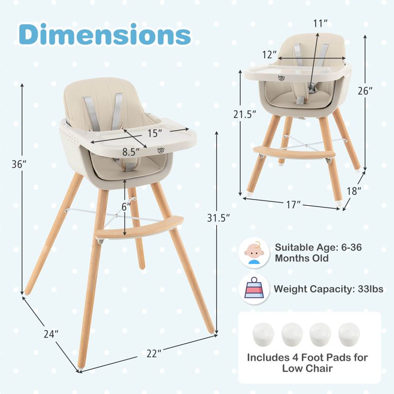 Babyjoy 3 in 1 Convertible Wooden High Chair Toddler Feeding Chair with Cushion Gray/Beige/Yellow/Pink/Dark Grey/Black, 3 of 10