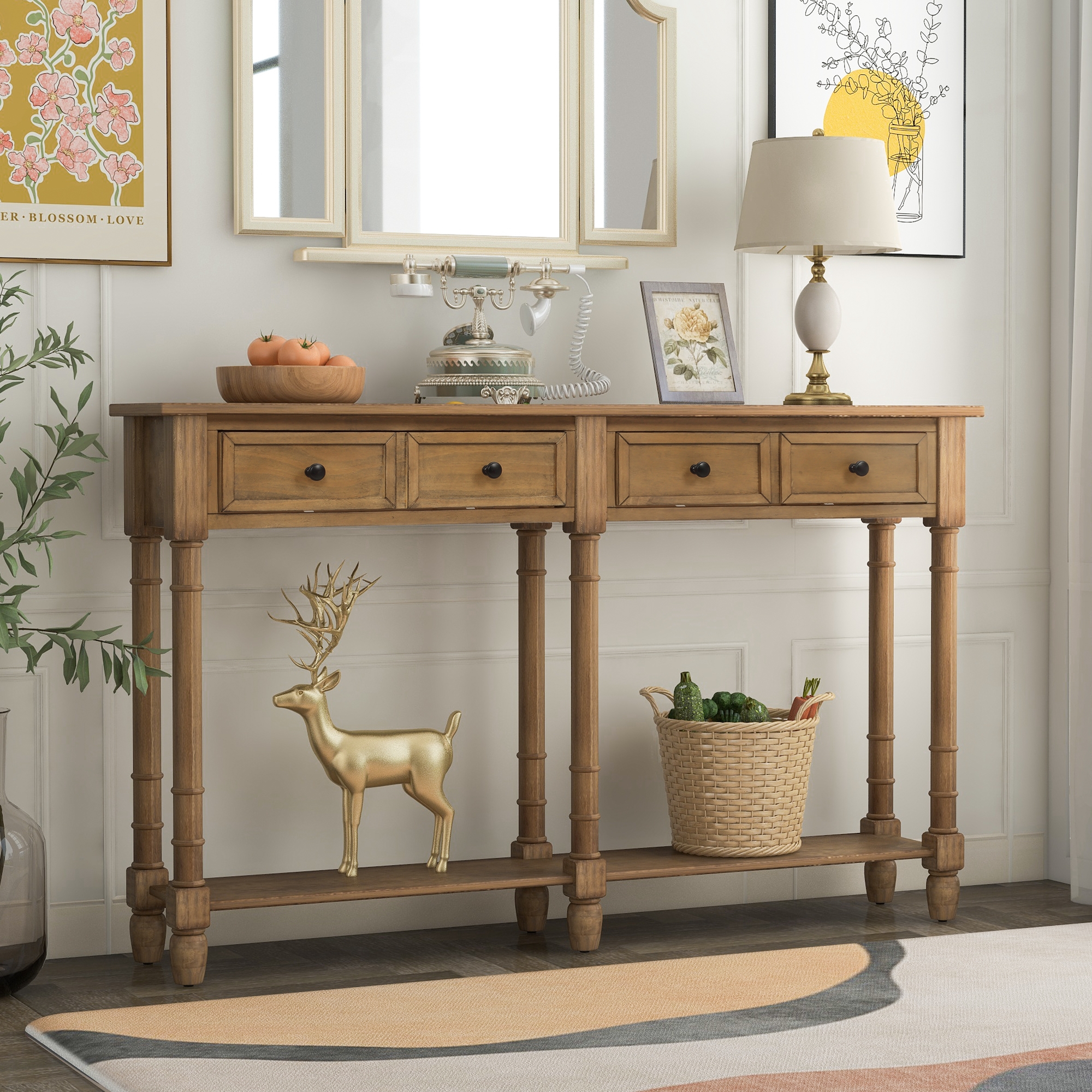 Console Table with Two Storage Drawers and Bottom Shelf Oak-ModernLuxe