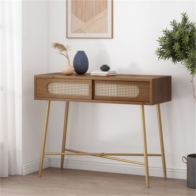 SKRAN Console Table with Sliding Doors - Rustic Glam Metal and Wood Entryway Furniture with Storage for Living Room or Hallway, Antique Gold
