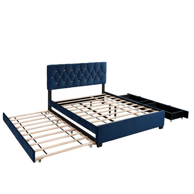 NicBex Queen Size Upholstered Platform Bed with Trundle and 2 Drawers for Adults/Boys/Girls,Blue