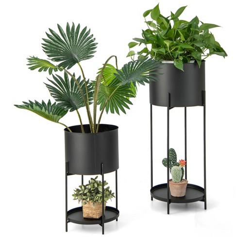 2 Gold Metal Planters with Stand Indoor Flower Pots Holders