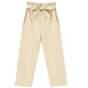 Girls High Waist Paper Bag Pants Belted Waist Tapered Pants Bow Deco Pants with Pocket,Khaki - 160 - 1 of 4