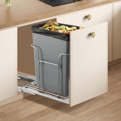 Under-Cabinet Pull-Out Trash and Recycling Bin with Full-Extension Soft-Close Slides, Stainless Steel and Plastic Space-Saving Waste