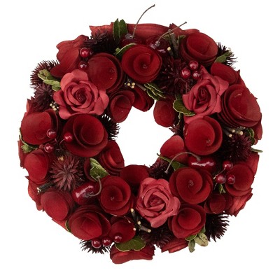 Northlight 9.5" Red Wooden Rose and Berry Artificial Christmas Wreath - Unlit