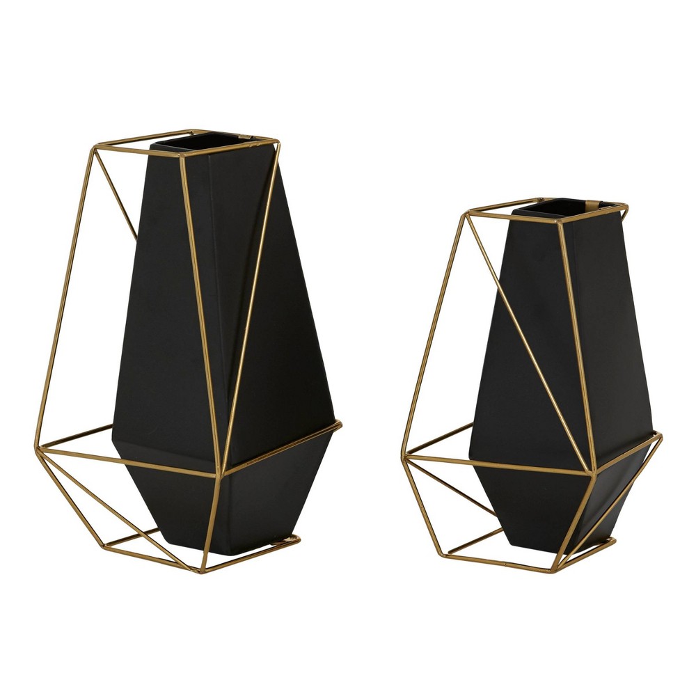 Photos - Vase Set of 2 Metal Geometric  with Outer Frame Black/Gold - Olivia & May