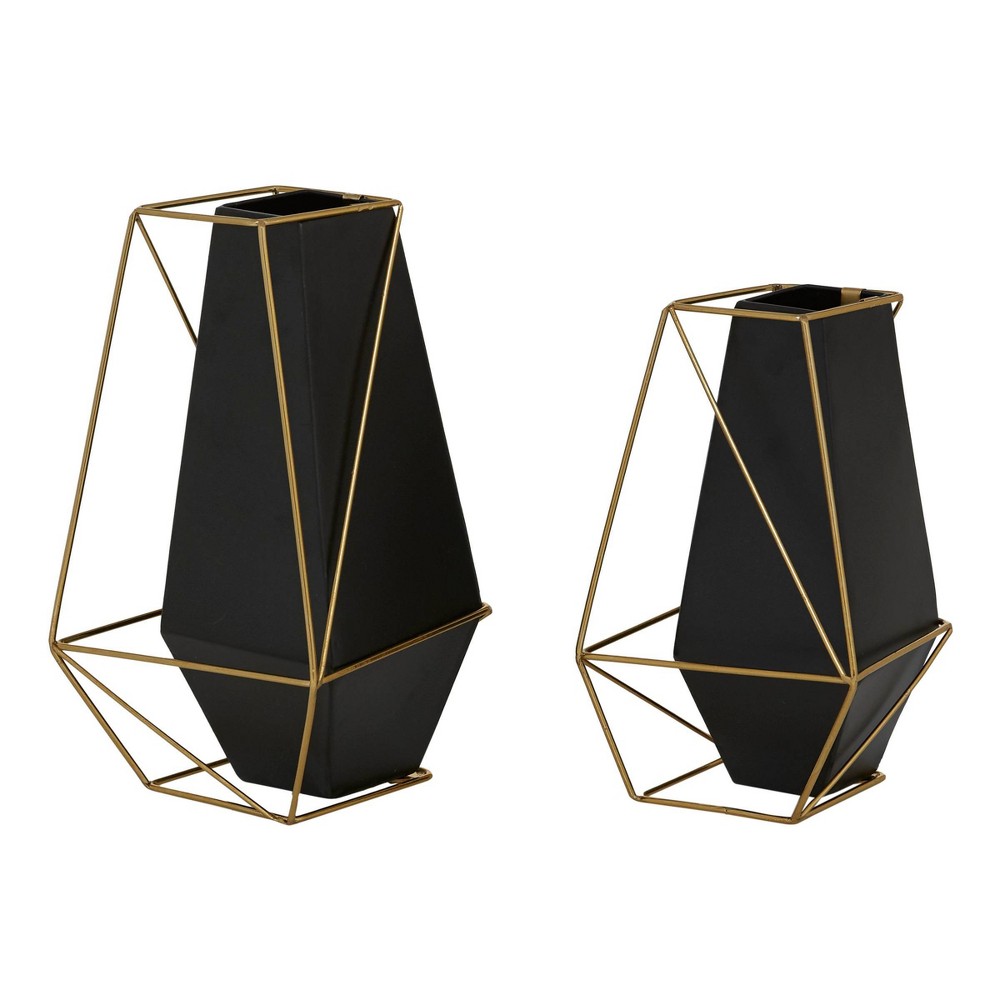 Olivia & May Set of 2 Metal Geometric Vase with Outer Frame Black/Gold: Iron Amphora Vases for Tabletop Display
