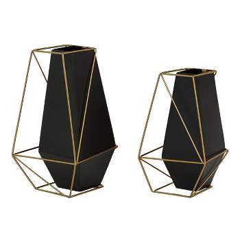 Set of 2 Metal Geometric Vase with Outer Frame Black/Gold - Olivia & May