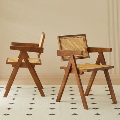 Vatros Rattan Dining Chairs Set of 2 Wooden Dining Chairs with Arms