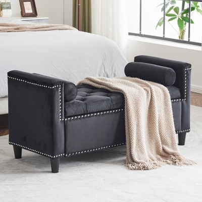 Lycvki 44.5in. Velvet Storage Bench with Armrests and Nailhead Trim
