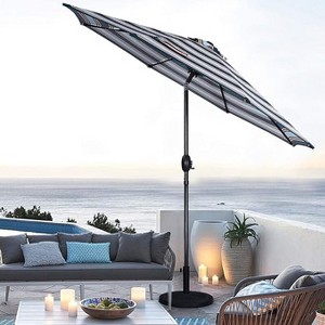 Heynemo 9 ft Patio Umbrella Striped Outdoor Table Market Umbrella with Push Button Tilt, Crank 8 Sturdy Aluminum Ribs & Blue Brown striped - 1 of 4