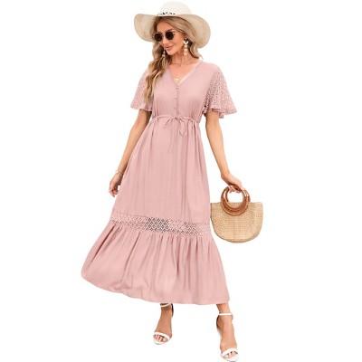WhizMax Women's Lace Short Sleeve Maxi Dress V Neck High Elastic Waist Casual Flowy Beach Dress
