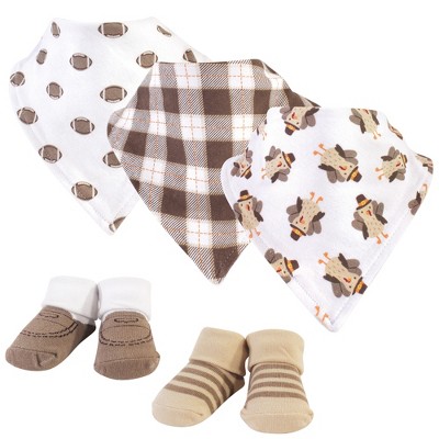Hudson Baby Infant Boy Cotton Bib and Sock Set 5pk, Boy Turkey, One Size