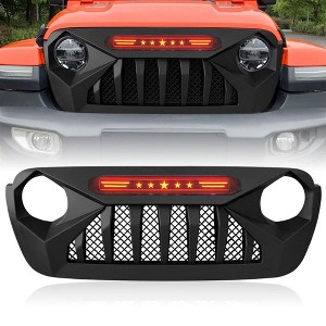 AMERICAN MODIFIED Demon Front Grille with Red Star Lights, Compatible with Jeep Wrangler JL & Gladiator JT 18-21 Models without TrailCam, Matte Black - 1 of 4