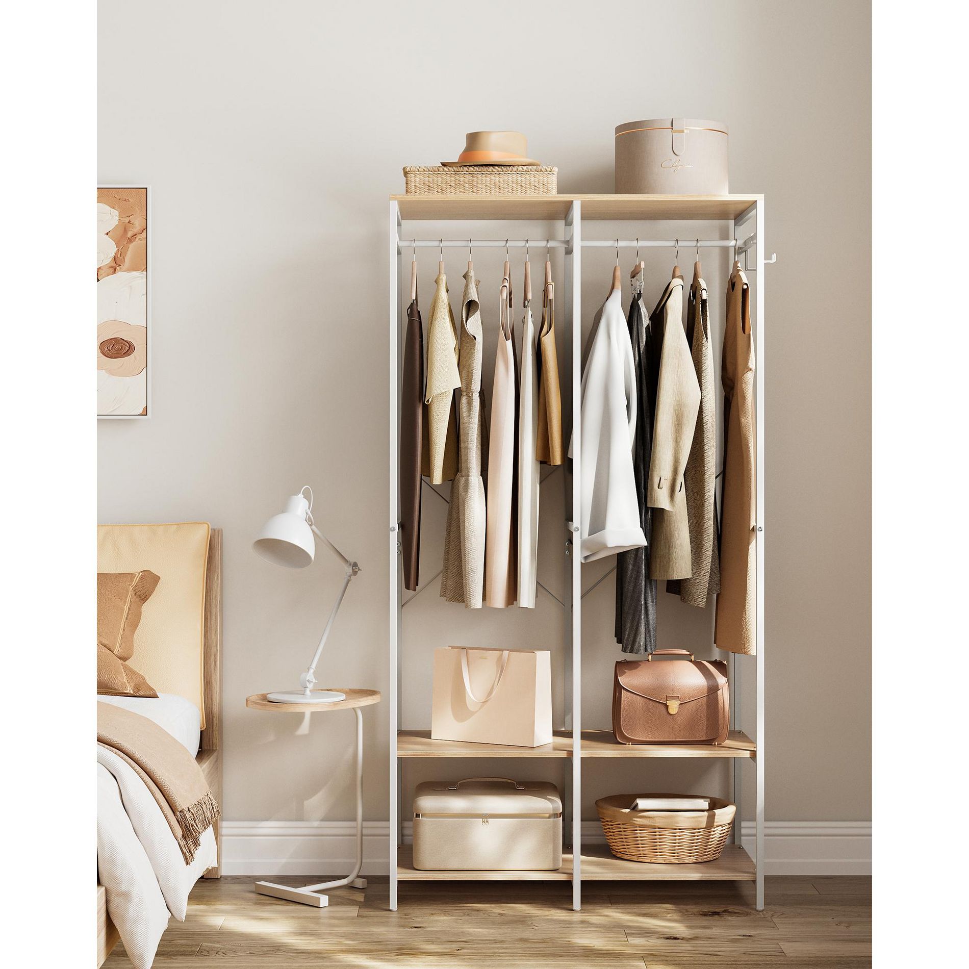SONGMICS Clothes Rack, Iron and Wood Wardrobe Closet Organizer, Heavy Duty Garment Rack with Hanging Rods, Closet Shelves, Natural Beige