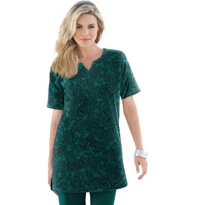 Roaman's Women's Plus Size Print Notch Neck Soft Knit Tunic - 1 of 4
