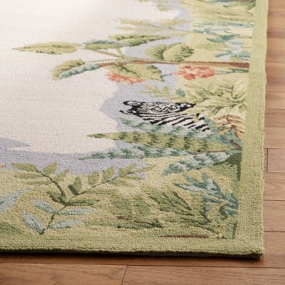 Handmade Rectangular Beige and Green Wool Area Rug