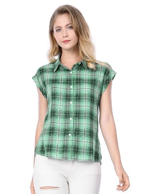 INSPIRE CHIC Women's Summer Plaid Short Sleeves Button Down Shirt