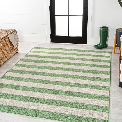 Ivory and Green Wide Stripe 5x8 Synthetic Area Rug