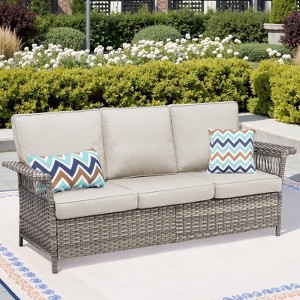Buenhomino Patio Sofa, All Weather Outdoor Rattan Wicker 3-Seat Sofa High Back Couch with Premium Cushions for Garden Backyard Porch - 1 of 4