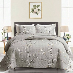 3 Piece Quilt Set Queen Full Size Gray Branch with White Orange Floral Soft Bed Cover for All Season 1 Quilt+ 2 Shams - 1 of 4