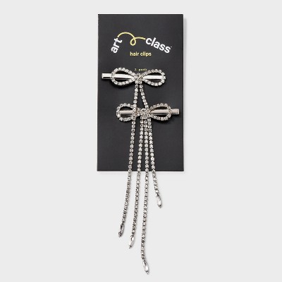 Girls' 2pk Rhinestone Chain Bow Clip Set - art class Silver - image 2
