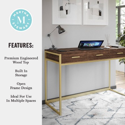 Walnut and Brass Modern Home Office Desk with Drawers