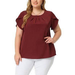 Agnes Orinda Women's Plus Size Elegant Pleated Petal Tulip Short Sleeve Office Work Summer Blouses - 1 of 4