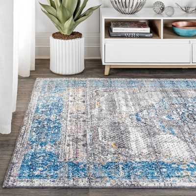 Anatolia Medallion Peacock Blue and Gray Easy-Care Area Rug