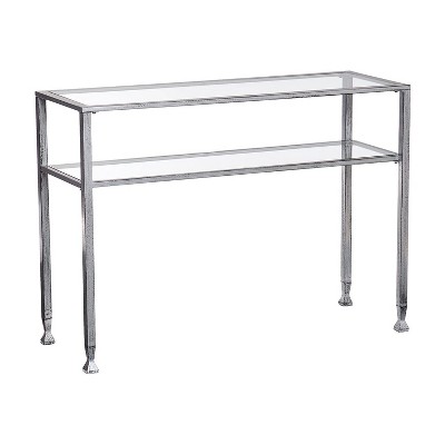 SEI Furniture Jaymes Distressed 2 Tier Media Console Accent Table with Glass Shelf and Slim Contemporary Rectangular Brushed Finish, Silver (Metal)